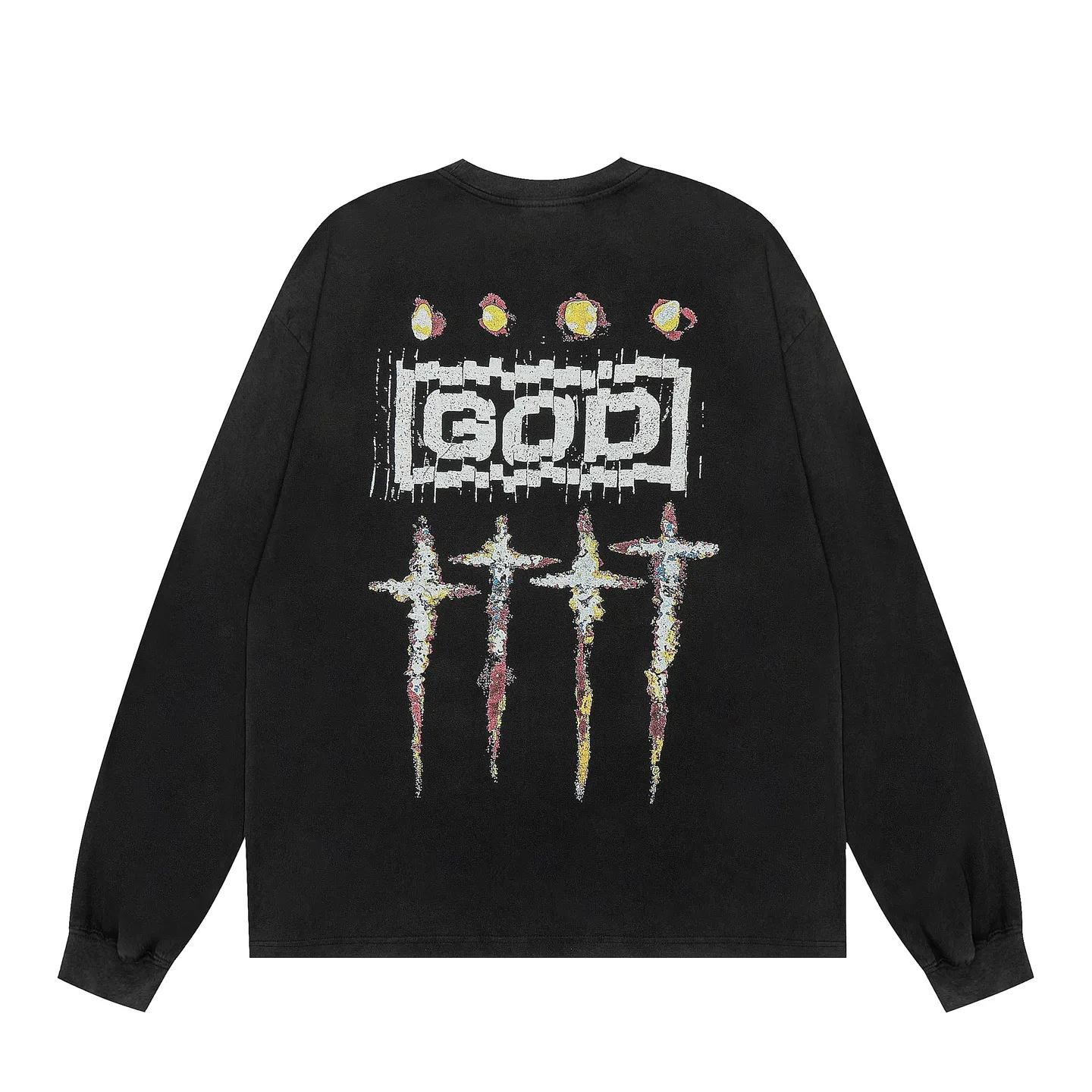 #VT439 P160💰 Saint Michael's new FOR SOME ONE co-branded GOD retro washed distressed long-sleeved T-shirt Small neckline design White ink digital direct printing High street retro heavyweight distressed washed Vintage long sleeves Size: S M L XL
